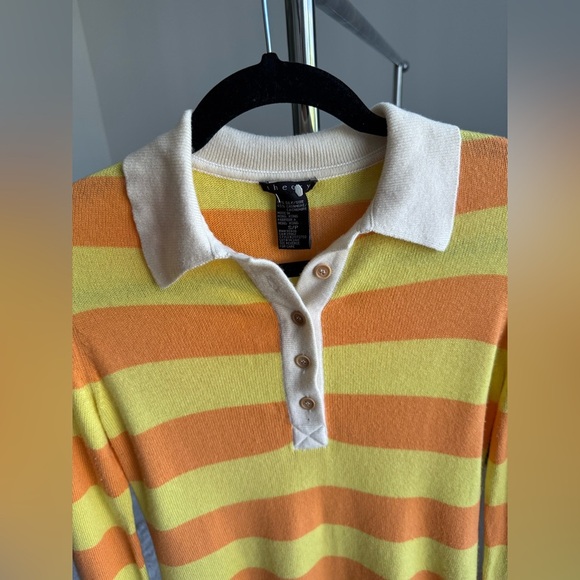 Theory Cashmere Silk Striped Orange Yellow Knit Polo Long Sleeve Shirt Small - Picture 5 of 12